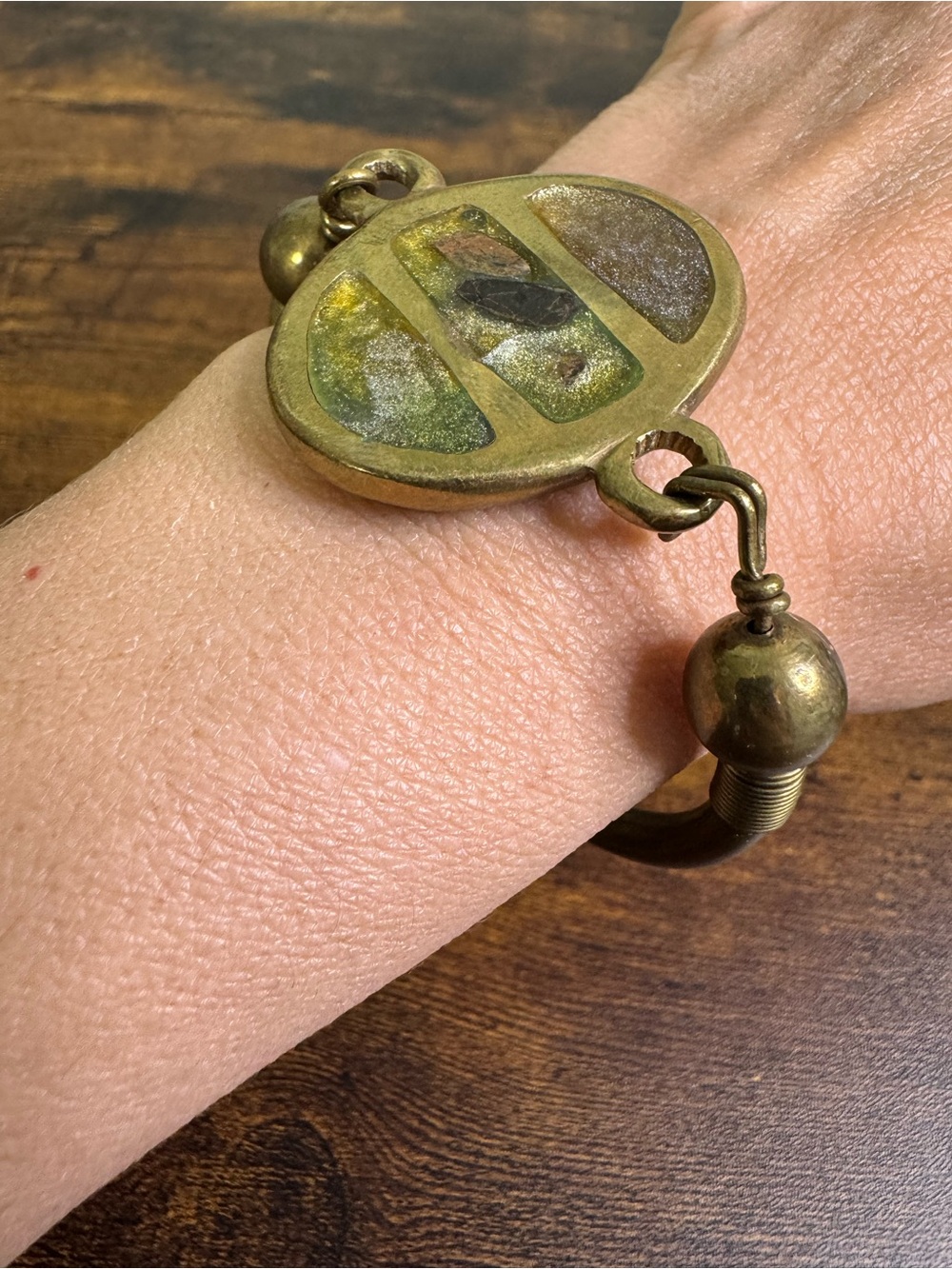 Hand Crafted Brass Bracelet with Green and Gold Inlay - Modernist - Picture 7 of 10